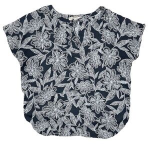 Ann Taylor LOFT Women's Floral Print Blouse Gray White Short Sleeve Size M